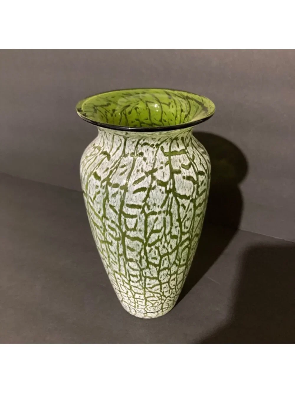 Hand Blown Green With White Crackle Overlay Vase